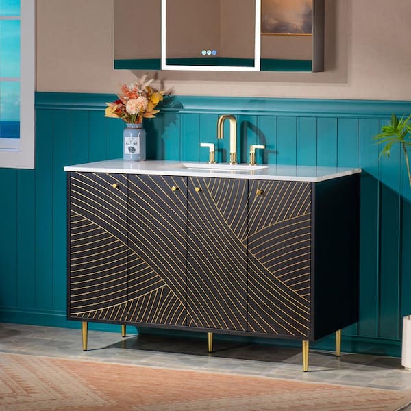 48 in. W x 22 in. D Single Sink Freestanding Bath Vanity in Black and Gold Accents w/ White Engineered stone Vanity Top