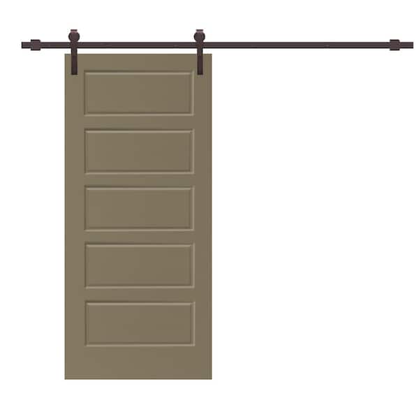 CALHOME 30 in. x 80 in. Olive Green Stained Composite MDF 5 Panel Interior Sliding Barn Door with Hardware Kit
