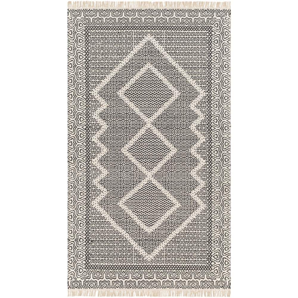 Handwoven Black Wool Spot Rug with Fringe 2'x3'