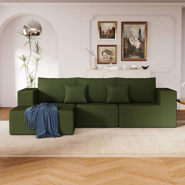 anpport Modern 108.3 in. Square Arm 3-Piece L-Shaped Corduroy Modular Sectional Sofa in Green with Chaise Lounge