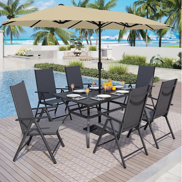 PHI VILLA 8-Piece Metal Patio Outdoor Dining Set with Umbrella and Black Folding Reclining Sling Chair