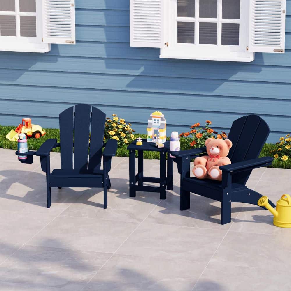 Children's Laguna Outdoor Patio 3-Piece All Weather Kids Poly Plastic Adirondack Chairs w/ Side Table Set, Navy Blue price history on PriceWatchPro