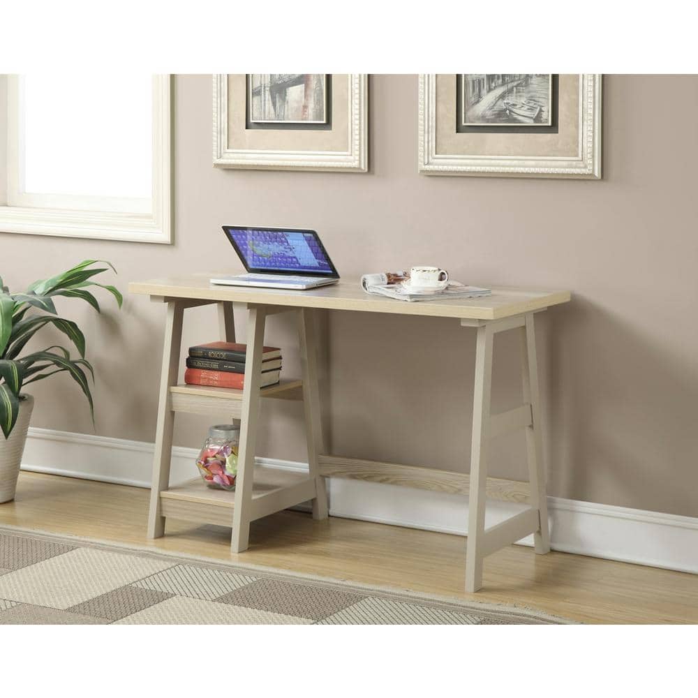 Weathered White Wood Trestle Writing Desk with Shelves