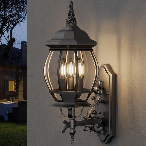 Outdoor 3-Light Black Aluminum Wall Sconce with Clear Glass Shade