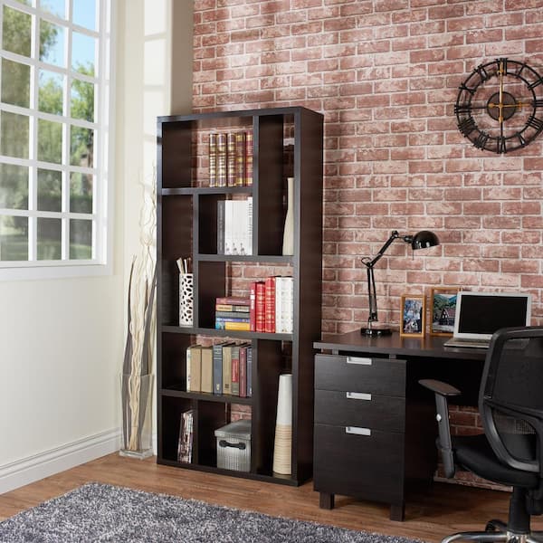 71 in. Cappuccino Wood 9-shelf Etagere Bookcase with Open Back