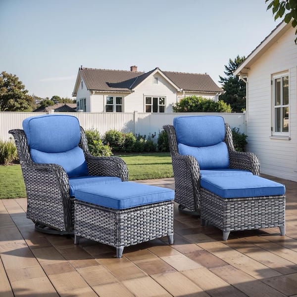 Luxury Gray Swivel Glider Wicker Patio Conversation Set with Blue Olefin 5 in. Thick Cushions/Ottoman (4-Piece)