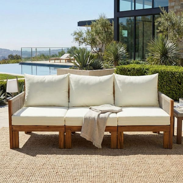 Wood Outdoor Day Bed, Sleeper Sofa with Beige Cushions