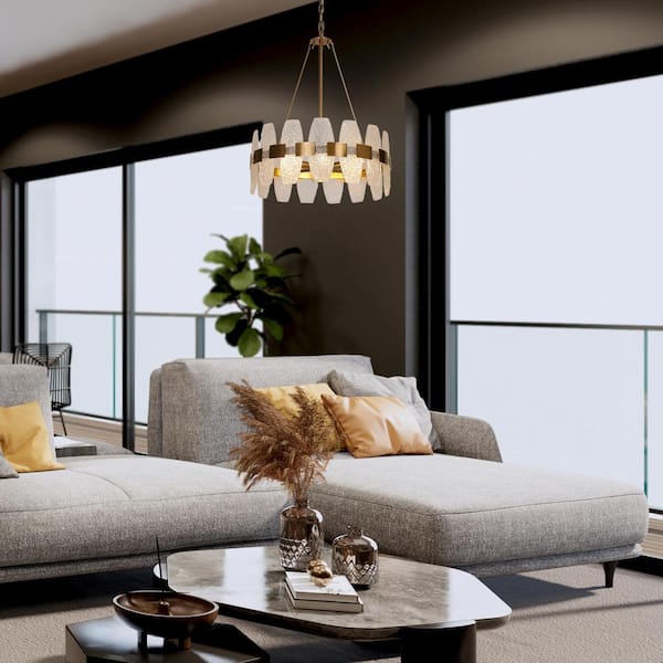 Transitional Plated Gold Kitchen Island Chandelier, 4-Light Glam Dining Room Ceiling Light Fixture with Ice Glass Pieces