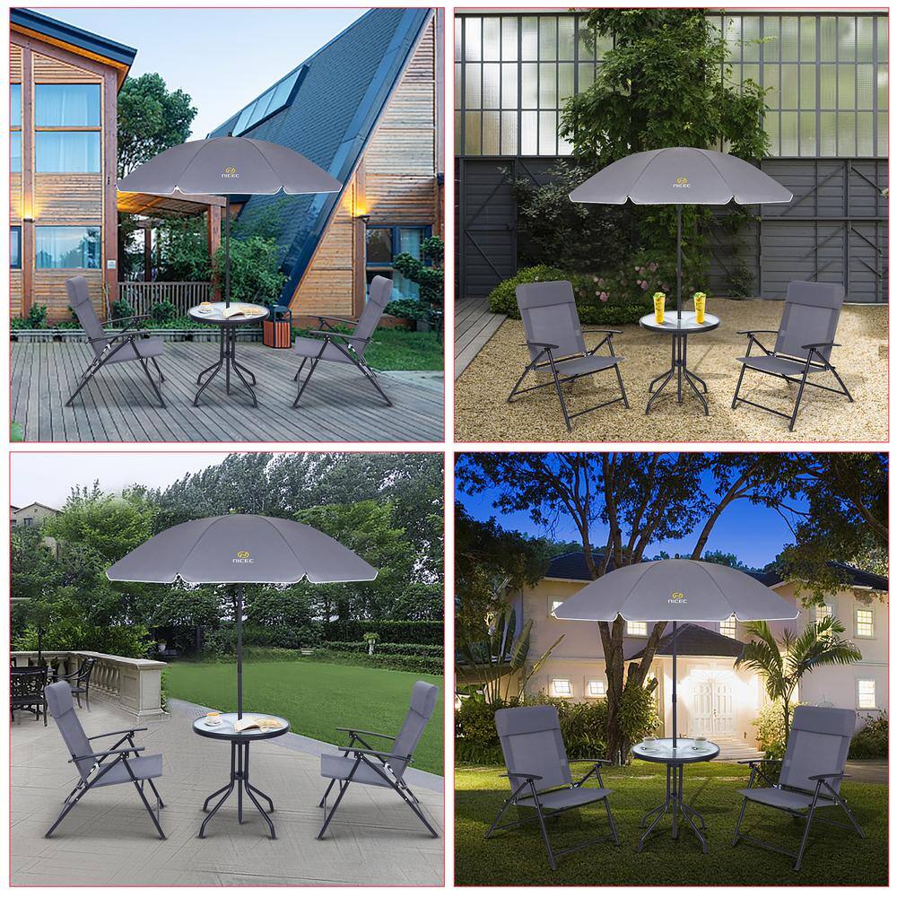 Gray 4-Piece Steel Patio Dining Set with Umbrella and Glass Table