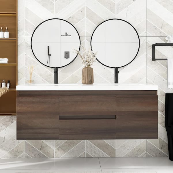 Unbranded 60 in. W x 20 in. D x 23 in. H Double Sinks Wall Mounted Bath Vanity in Grey Oak with White Resin Top