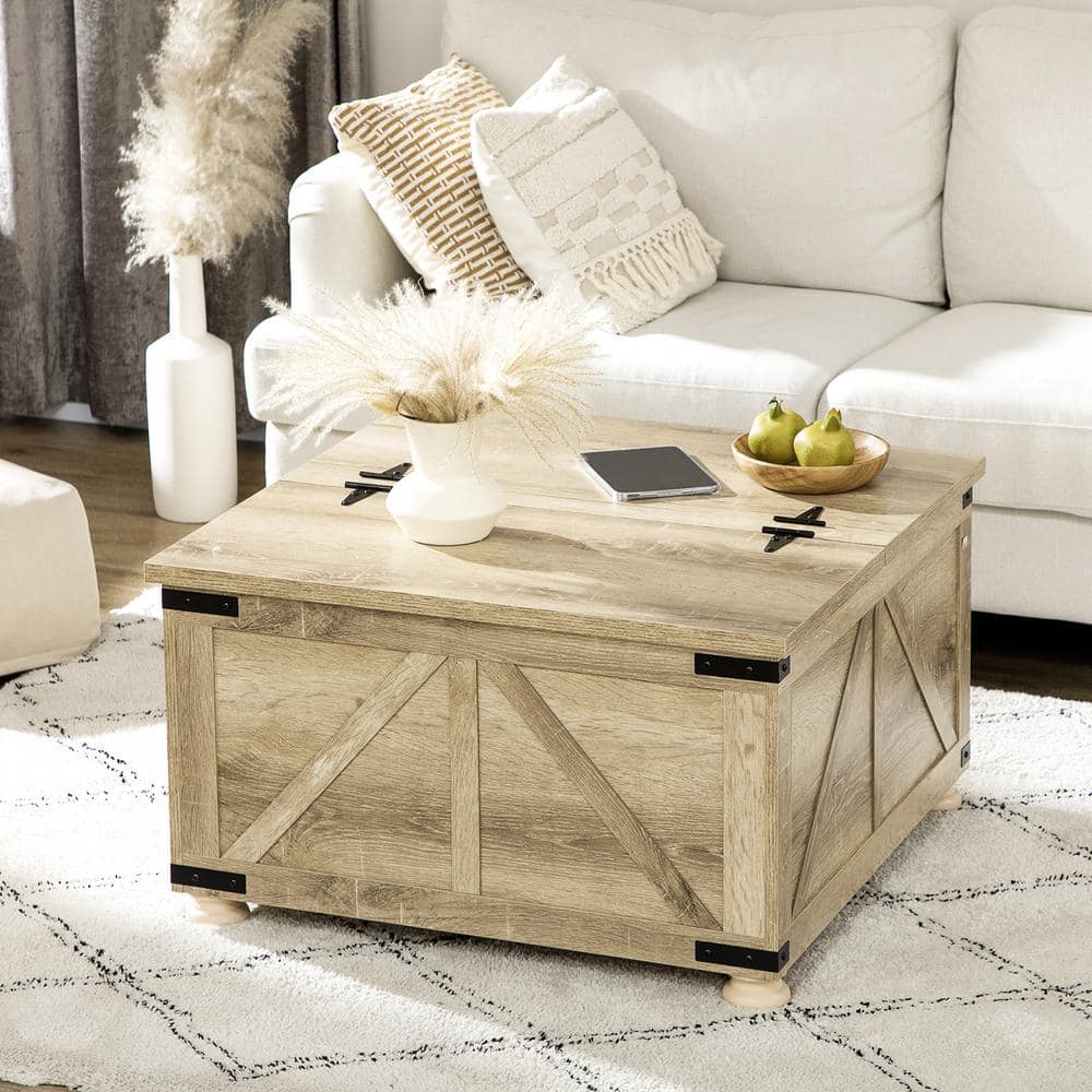 Rustic Farmhouse Square Coffee Table with Hidden Storage, Brown Wood