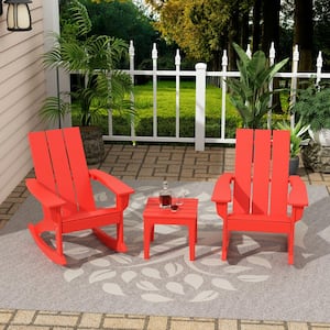 Shoreside Red HDPE Plastic Modern Rocking Poly Adirondack Chair Set of 2 With Side Table