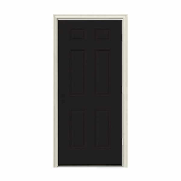 JELD-WEN 36 in. x 80 in. 6-Panel Black Painted Steel Prehung Left-Hand Outswing Front Door w/Brickmould