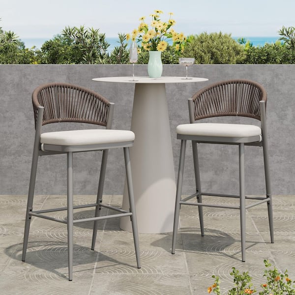 CHRISTOPHER KNIGHT HOME Chamberlain 30.25 in. Patio Metal and PE Rattan Outdoor Bar Stools with Beige Cushions, Matte Grey, Set of 2