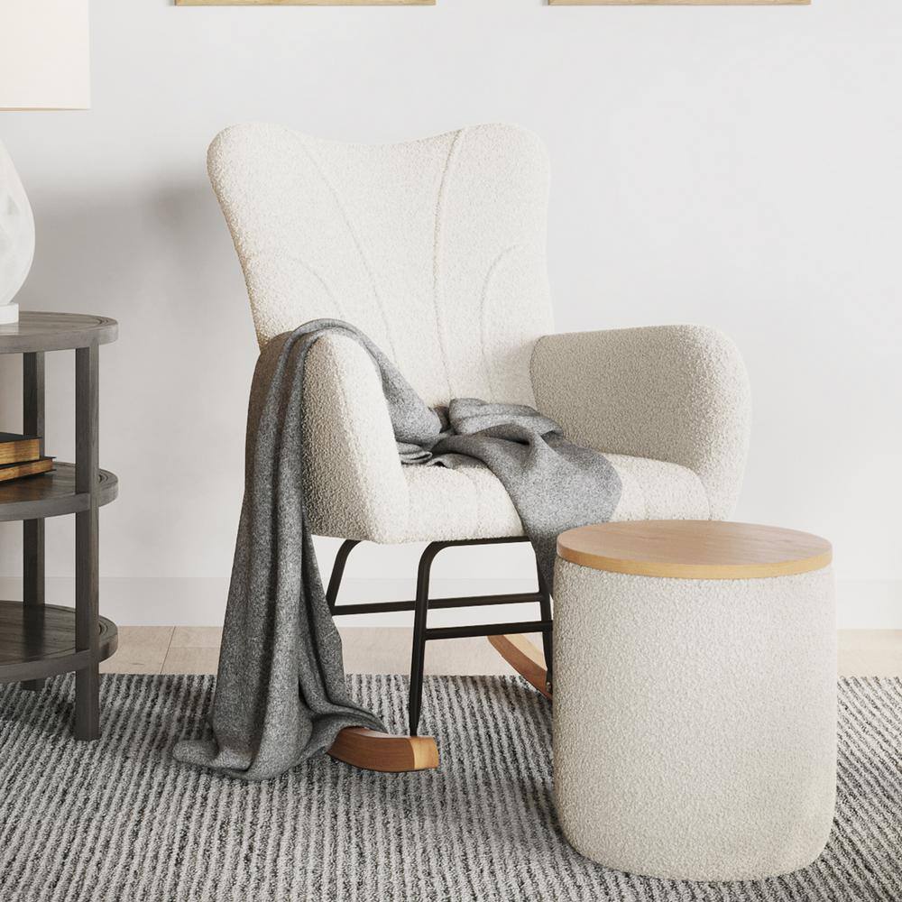 Storage Ottoman with Wood Top, Cream
