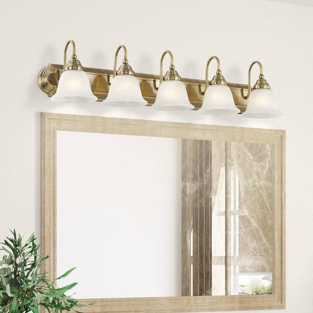 Antique Brass 36" 5-Light Vanity with Alabaster Glass