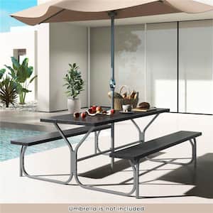 72 in. Black Rectangle Metal Picnic Tables Seats 8-People with Umbrella Hole