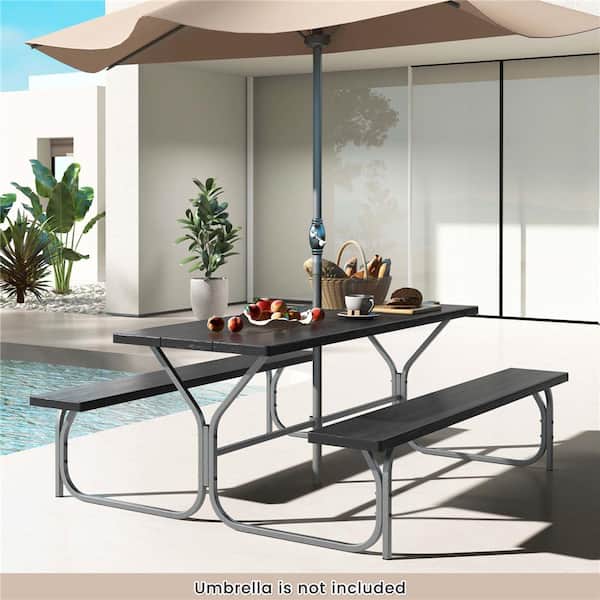 72 in. Black Rectangle Metal Picnic Tables Seats 8-People with Umbrella Hole