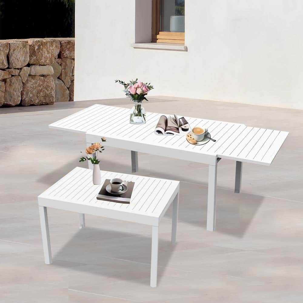 Ivory White Aluminum Patio Extendable Dining Table 35 in.- 71 in. for 4-6 P