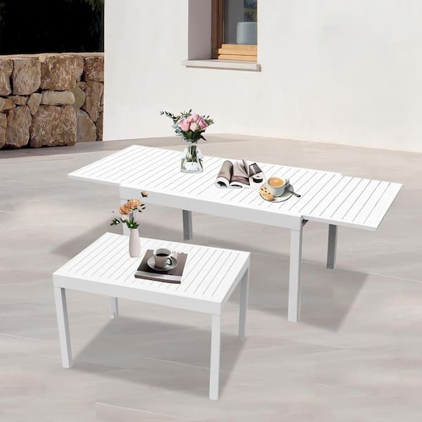 Unbranded Ivory White Aluminum Patio Extendable Dining Table 35 in.- 71 in. for 4-6 Person