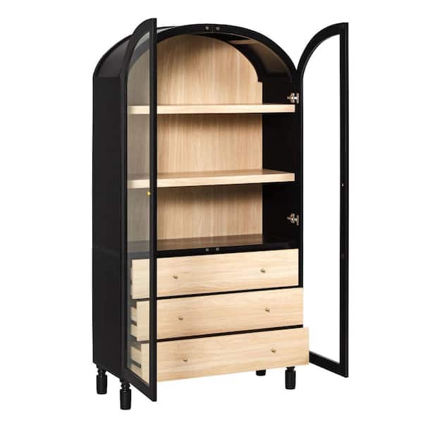Darci 74 in. Tall Black Modern MDF 3-Shelf Arched Bookcase Cabinet with Full-Length Glass Doors and Drawer Storage
