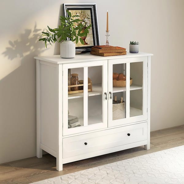 Modern 39.37-in W x 15.55-in D x 35.43-in H in White MDF Assemble Upper Diagonal Kitchen Cabinet with Double Glass Doors