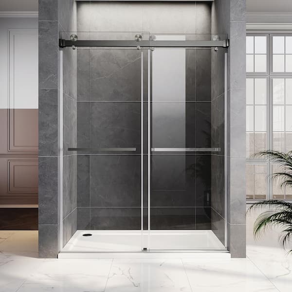 UNIKOO UKD01 66 to 72 in. W x 72 in. H Double Sliding Frameless Shower Door in Space Gray, EnduroShield 3/8 in. Clear Glass