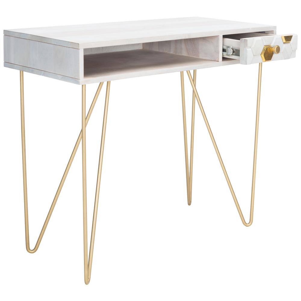 White and Brass Wood Writing Desk with Drawer