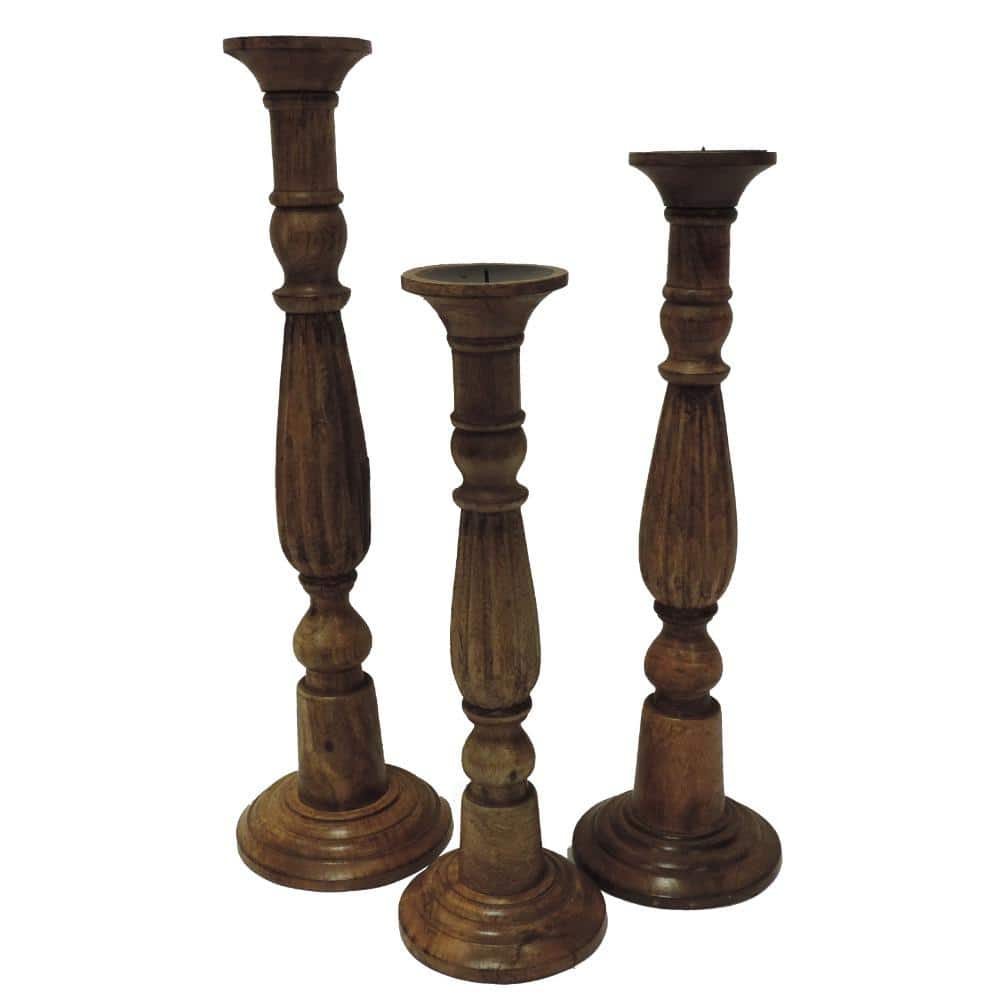 Benzara Wooden Natural and Brown Pillar Shaped Candle Holder