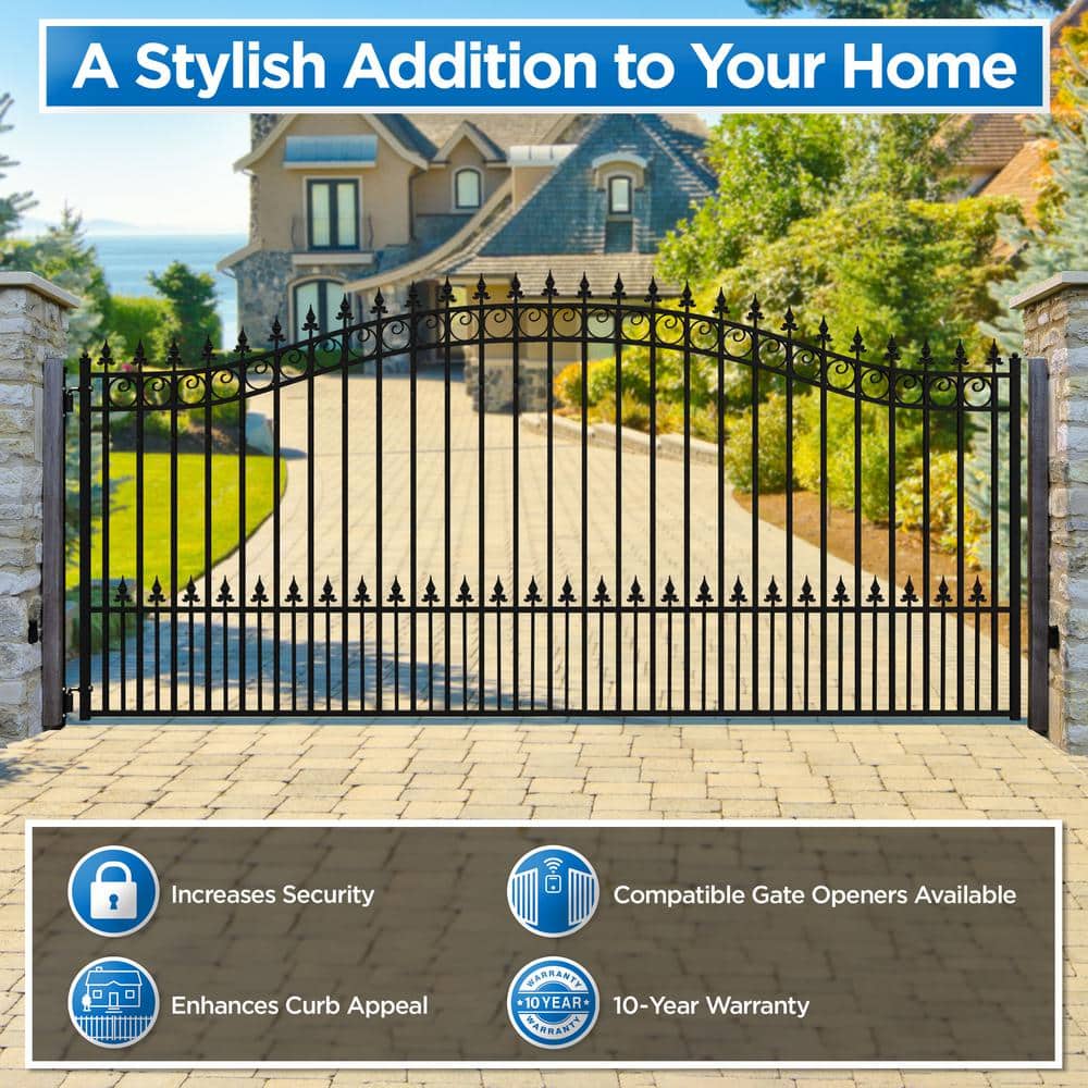 St. Louis Style Black Steel Arched Driveway Gate with Pointed Pickets