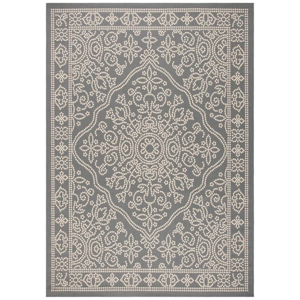 Courtyard Anthracite/Beige 8 ft. x 11 ft. Traditional Ornate Floral Indoor/Outdoor Area Rug