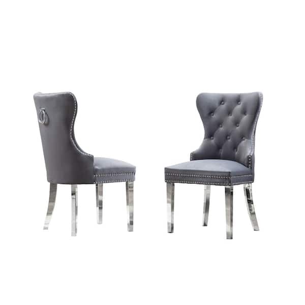 Best Quality Furniture Pam Dark Gray Velvet Upholstered Side Chair with Stainless Steel (Set of 2)