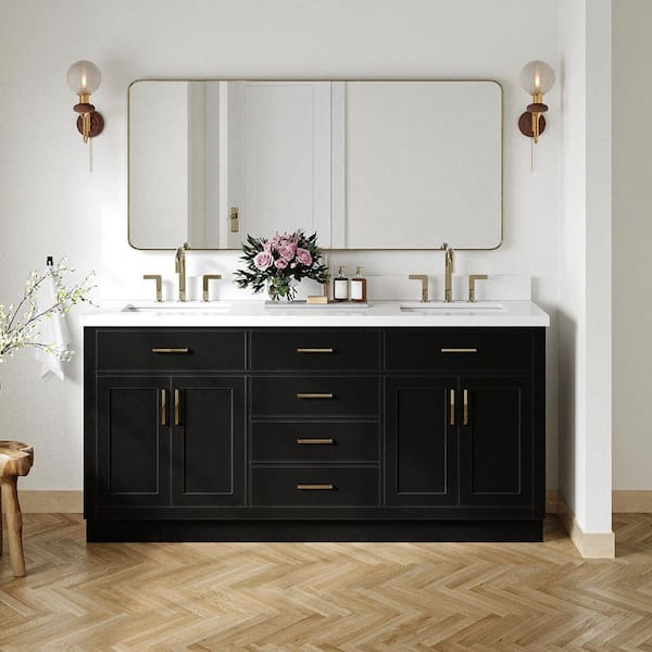ARIEL Hepburn 72 in. Double Sink Freestanding Bathroom Vanity in Black with Pure White Quartz Top