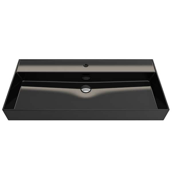 BOCCHI Milano 39.75 in. 1-Hole Black Fireclay Rectangular Wall-Mounted Bathroom Sink with Overflow