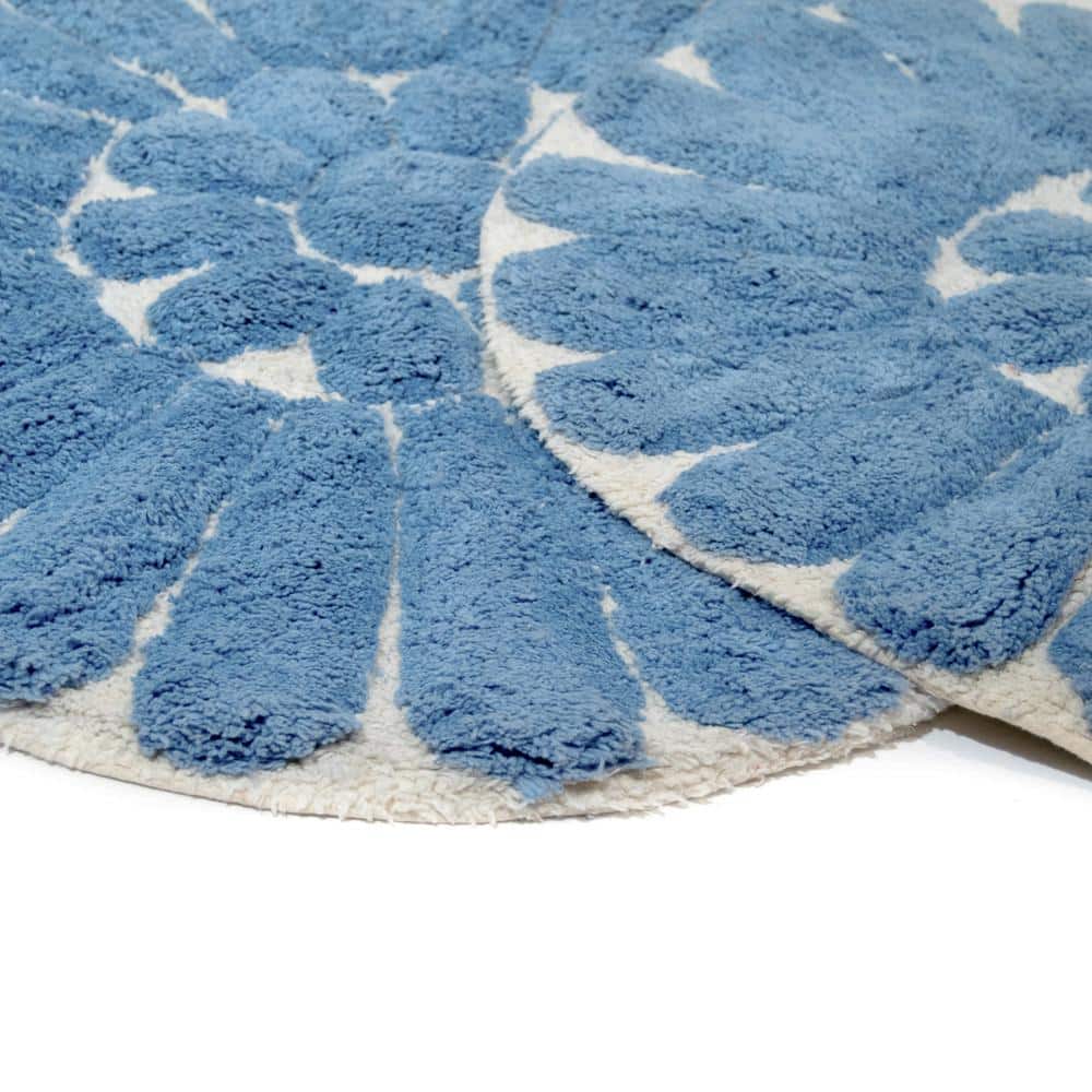 Off-White and Blue Cotton Floral Bath Rug Set