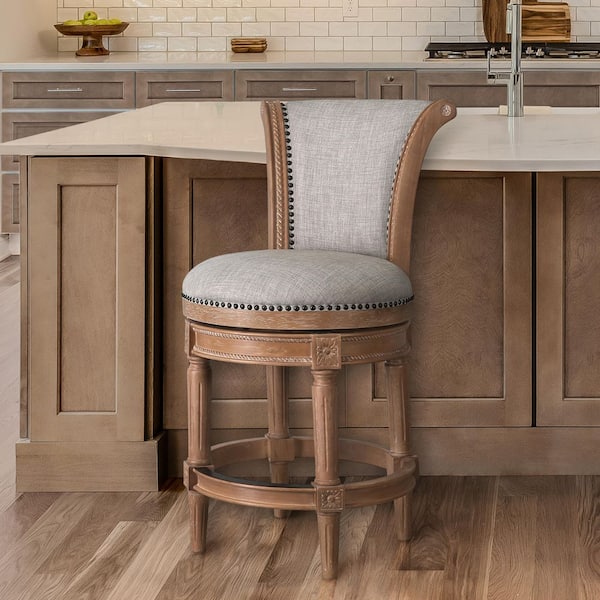 NewRidge Home Goods Chapman 26 in.. Weathered Natural High Back Wood Swivel Counter Stool with Gray Upholstered Seat, 1-Stool