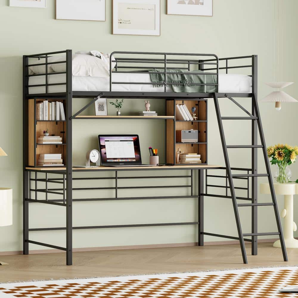 Harper & Bright Designs Black Metal Twin Size Loft Bed With Bookshelves ...