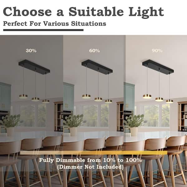 Integrated LED Linear Chandelier, 3-Light Polished Brass Island Pendant Light, Modern Black DIY Dining Room Chandelier