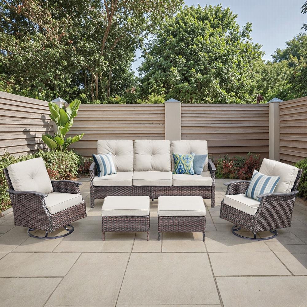 Buenaola Nyajiah 5-Piece Wicker Patio Conversation Set with Beige Cushions, a 3-Seat Sofa, 2 Swivel Chairs, 2 Ottomans