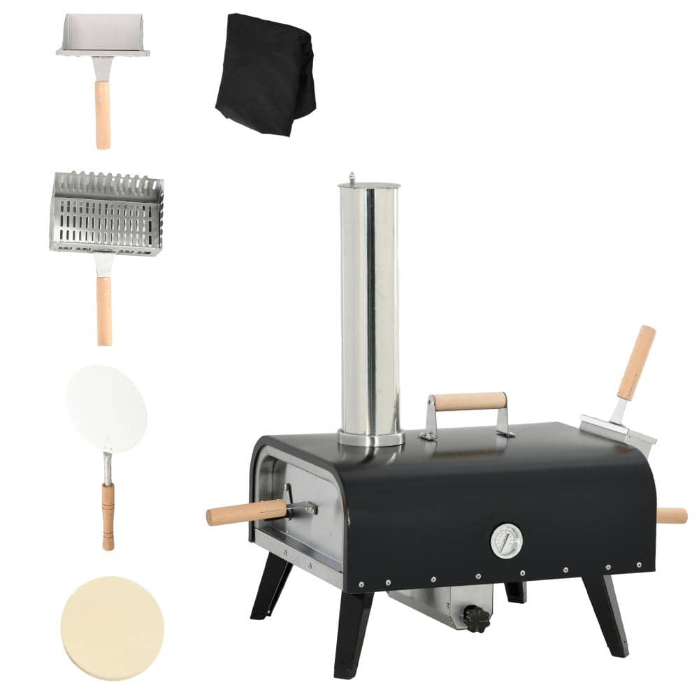 "32 in. Pellet Wood Fired Burning Outdoor Pizza Oven with 12"" Rotating Stone, Peel and Cover, Foldable Legs"