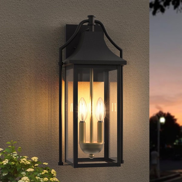 Hawaii 18 in. H 2-Bulb Black/Gold Hardwired Outdoor Wall Lantern Sconce with Dusk to Dawn No Bulbs Included