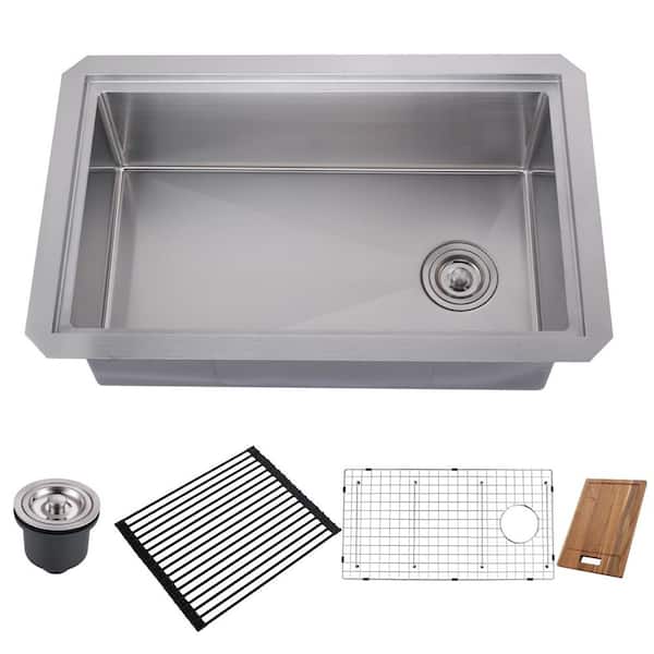 30 in. Drop-in/Undermount Single Bowl 18 Gauge Gunmetal Brushed Nickel Stainless Steel Kitchen Sink with Bottom Grids