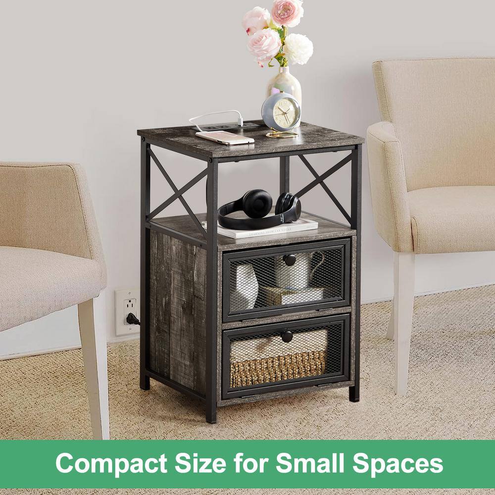 Gray and Black Metal Nightstands with Wood Top and USB Ports, Set of 2