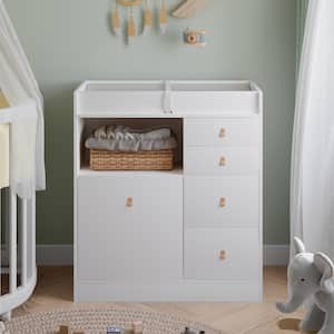 White 5-Drawers 33.5 in. Width Changing Table, Dresser, Kids Low Dresser with Shelf