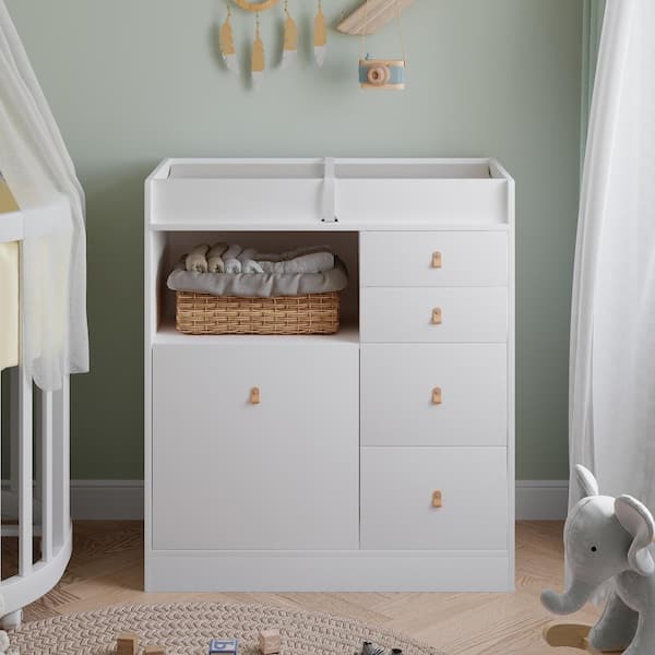 FUFU&GAGA White 5-Drawers 33.5 in. Width Changing Table, Dresser, Kids Low Dresser with Shelf