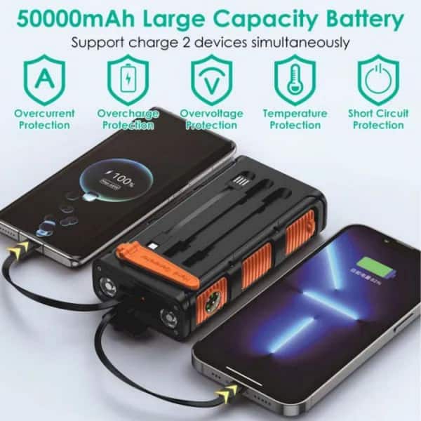 Etokfoks 50000mAh Solar Power Bank Portable Fast Charger with Compass LED  Flashlight in Orange (1-Pack) MLSA21LT004 - The Home Depot