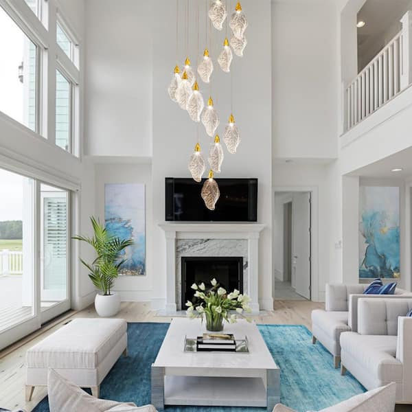 Modern 78 in. H 14-Light Integrated LED Gold Crystal Staircase Chandelier, Bionic Leaf High Ceiling LED Lighting Fixture