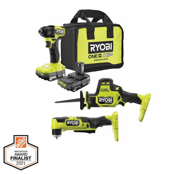 RYOBI ONE+ HP 18V Brushless Cordless Compact Impact Driver, Right Angle Drill, One-Handed Recip Saw, (2) Batteries, Charger