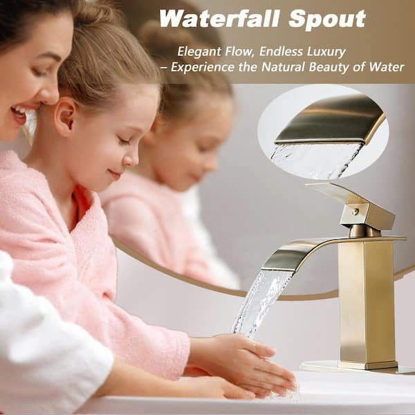 Waterfall Single Handle Single Hole Low-Arc Bathroom Faucet Drip-Free Vanity Sink Faucet with Drain Kit in Brushed Gold