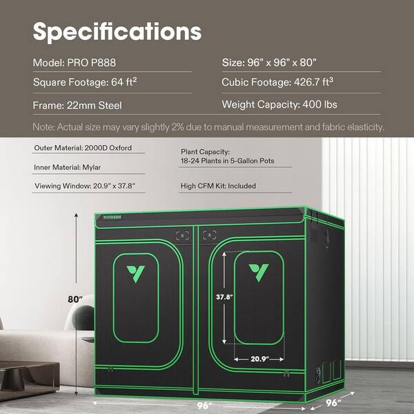 VIVOSUN 8 ft. x 8 ft. P888 Black Pro Grow Tent with Reflective